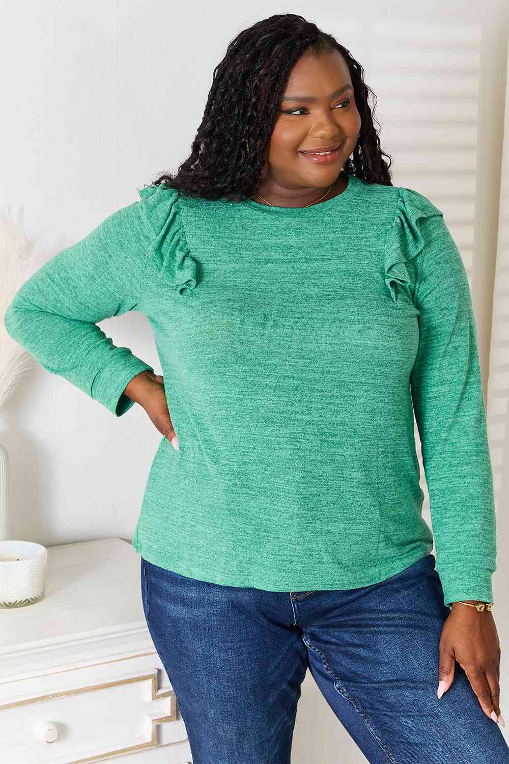 Double Take Ruffle Shoulder Long Sleeve T-Shirt - The Sapphire Star