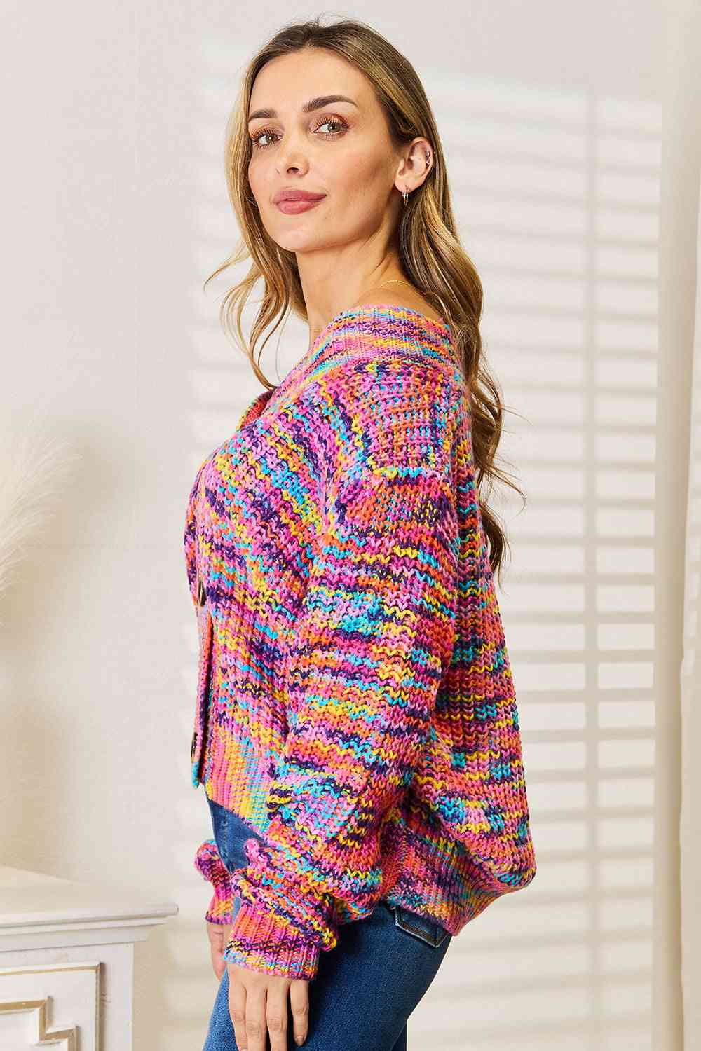 Woven Right V-Neck Long Sleeve Cardigan - The Sapphire Star