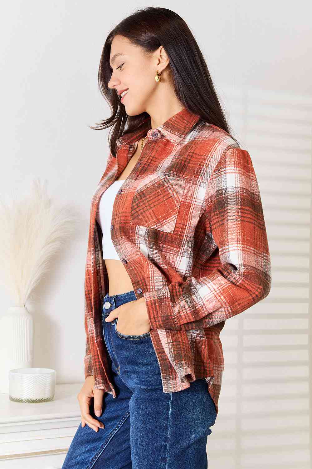 Double Take Plaid Collared Neck Long Sleeve Shirt - The Sapphire Star