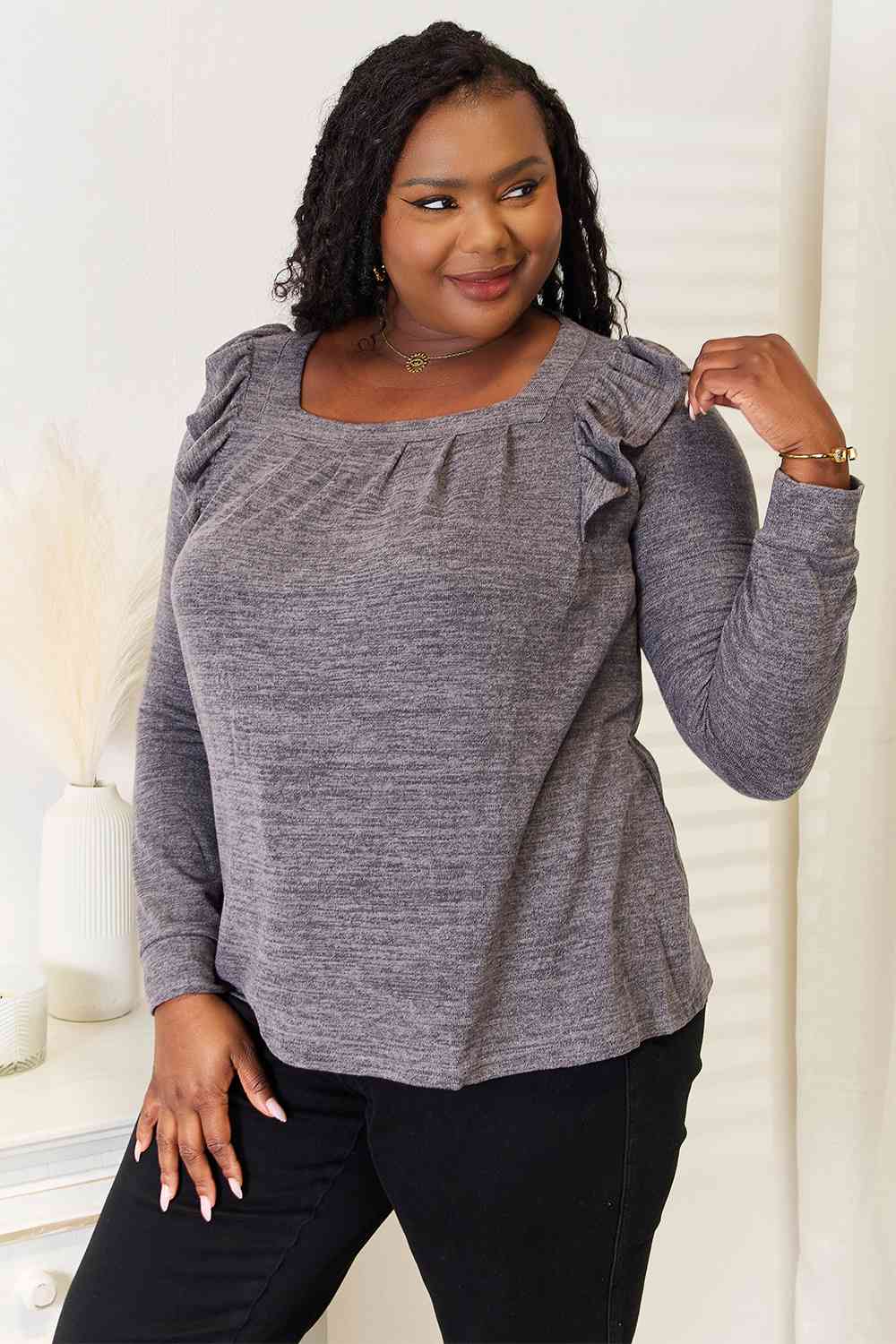 Double Take Square Neck Ruffle Shoulder Long Sleeve T-Shirt - The Sapphire Star