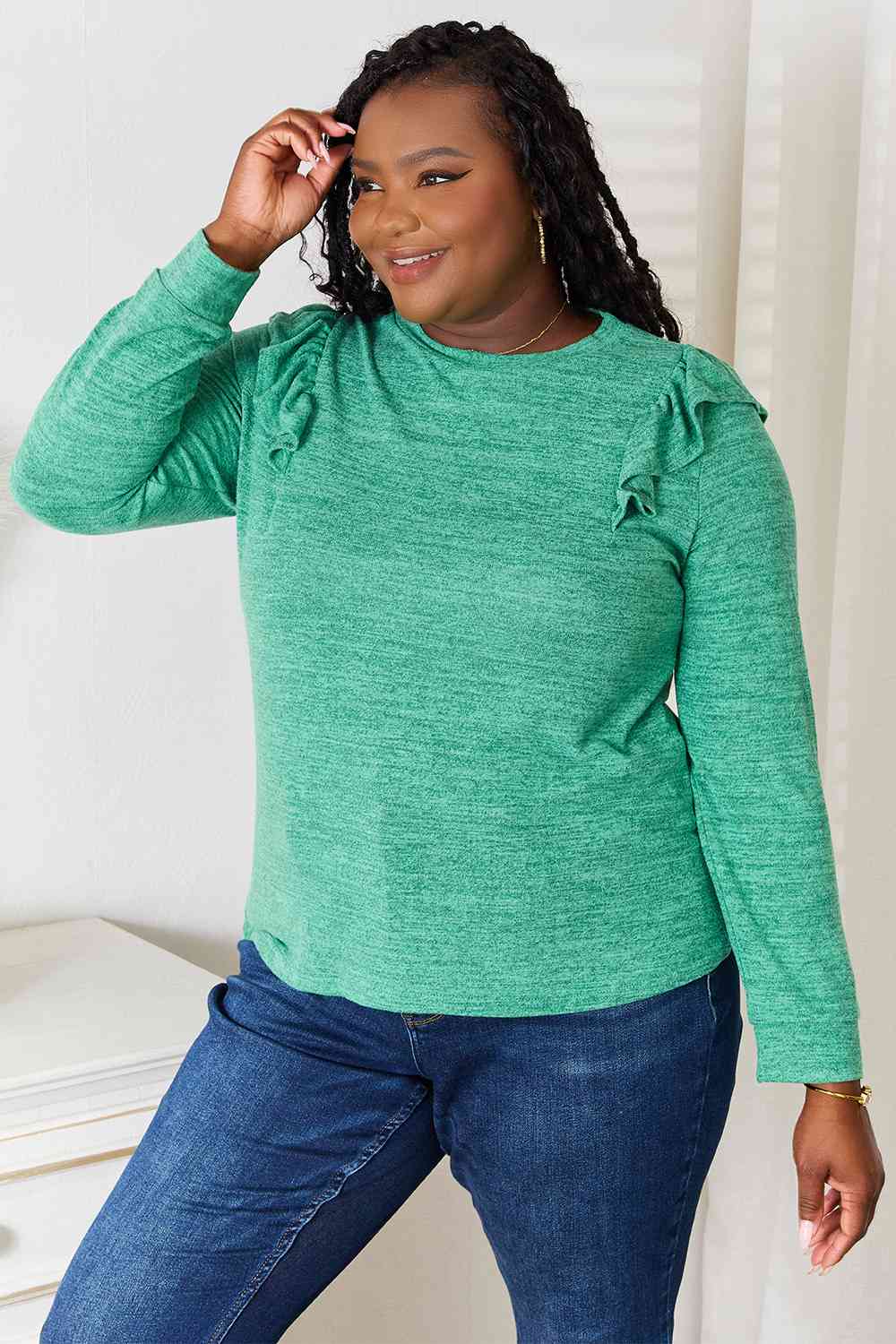 Double Take Ruffle Shoulder Long Sleeve T-Shirt - The Sapphire Star