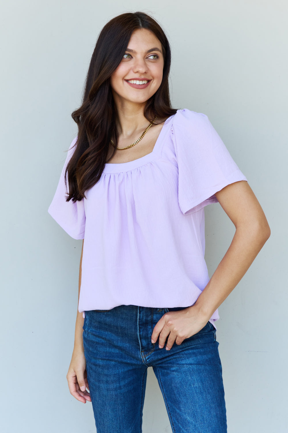 Ninexis Keep Me Close Square Neck Short Sleeve Blouse in Lavender - The Sapphire Star