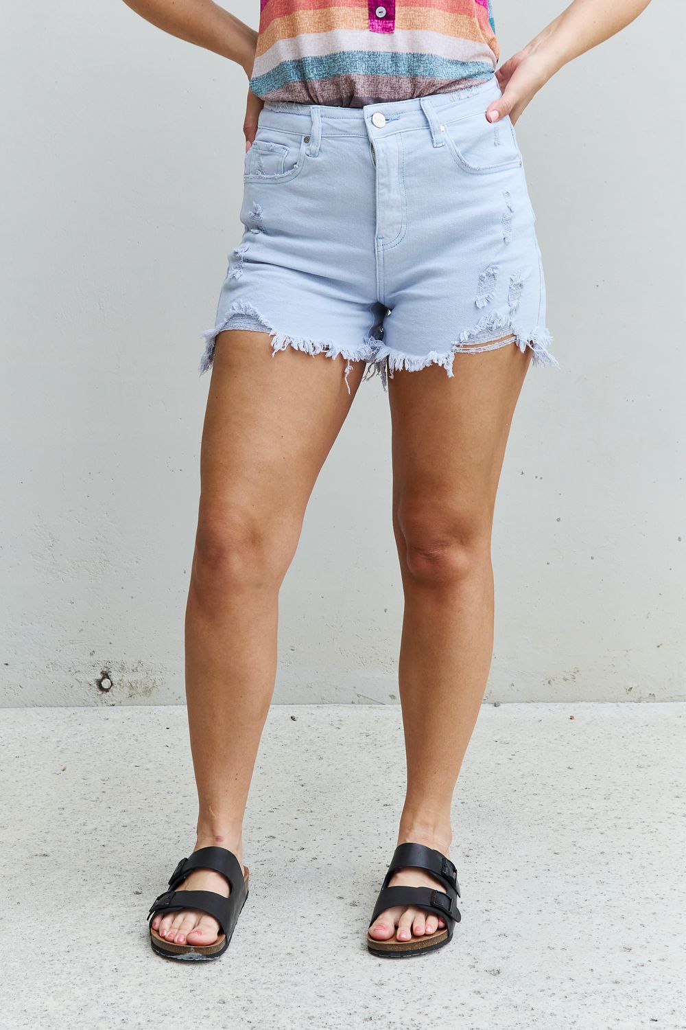 RISEN Katie Full Size High Waisted Distressed Shorts in Ice Blue - The Sapphire Star