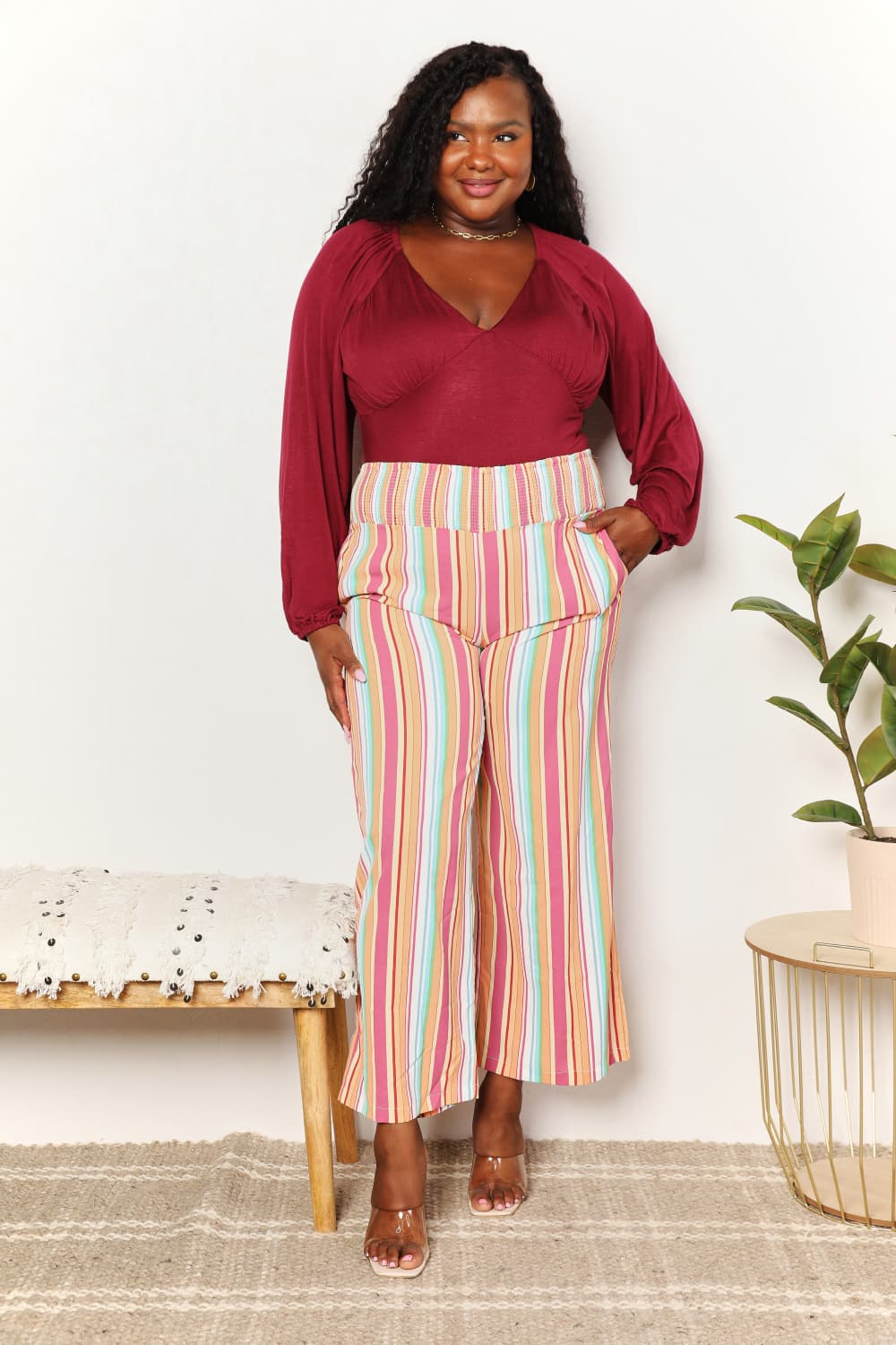 Double Take Striped Smocked Waist Pants with Pockets - The Sapphire Star