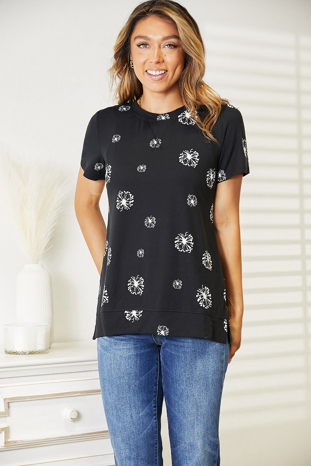 Double Take Dandelion Print Round Neck T-Shirt - The Sapphire Star