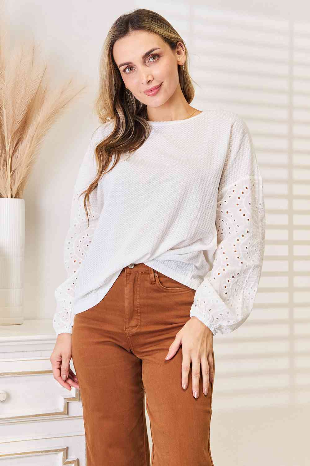 Double Take Eyelet Dropped Shoulder Round Neck Blouse - The Sapphire Star