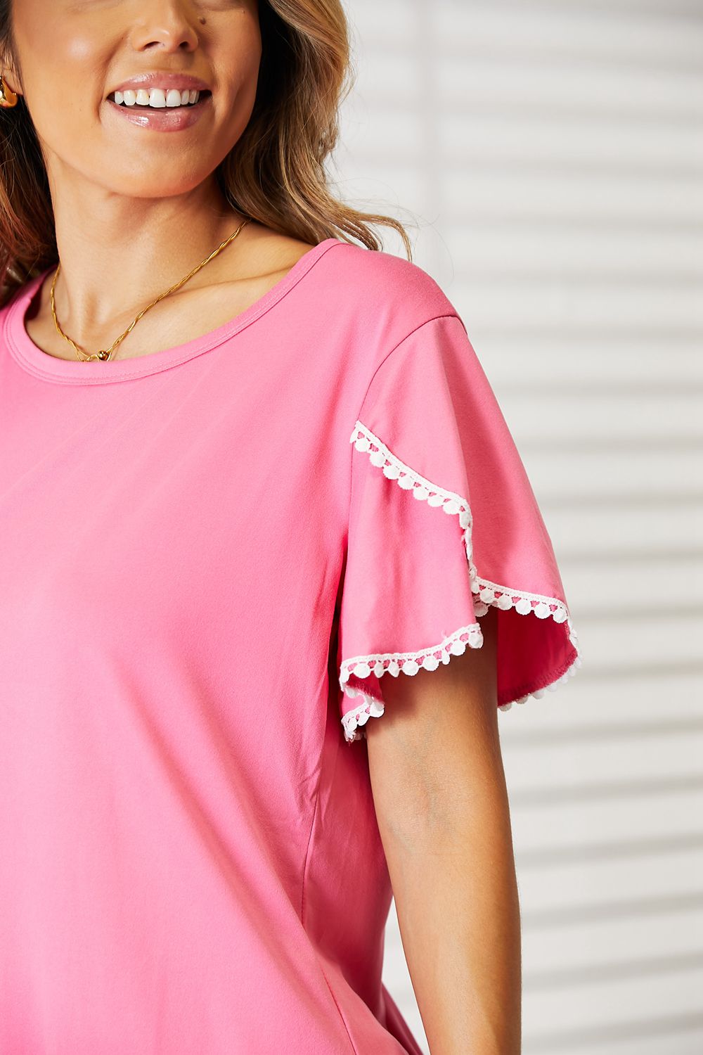 Double Take Pom-Pom Trim Flutter Sleeve Round Neck T-Shirt - The Sapphire Star