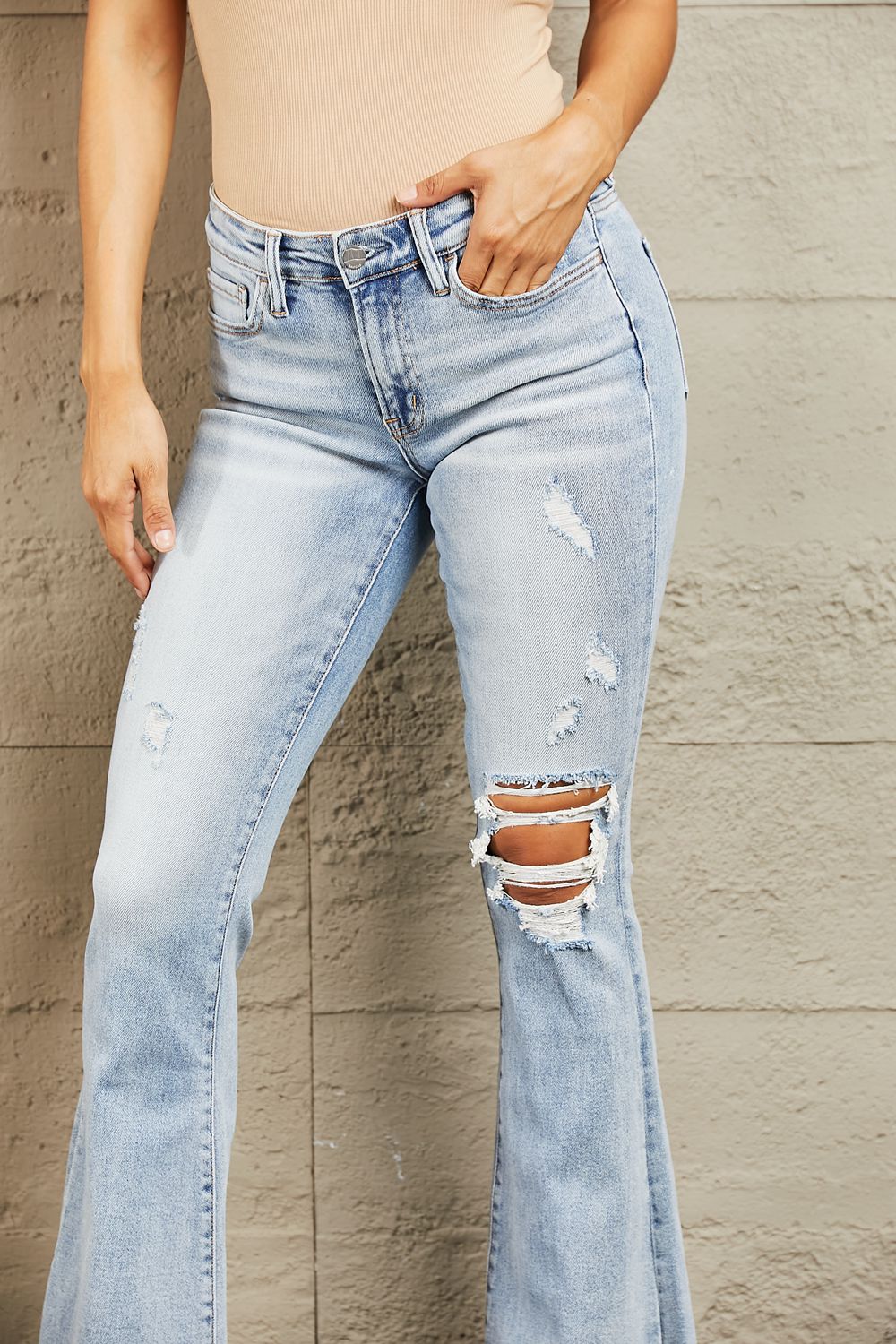 BAYEAS Mid Rise Distressed Flare Jeans - The Sapphire Star