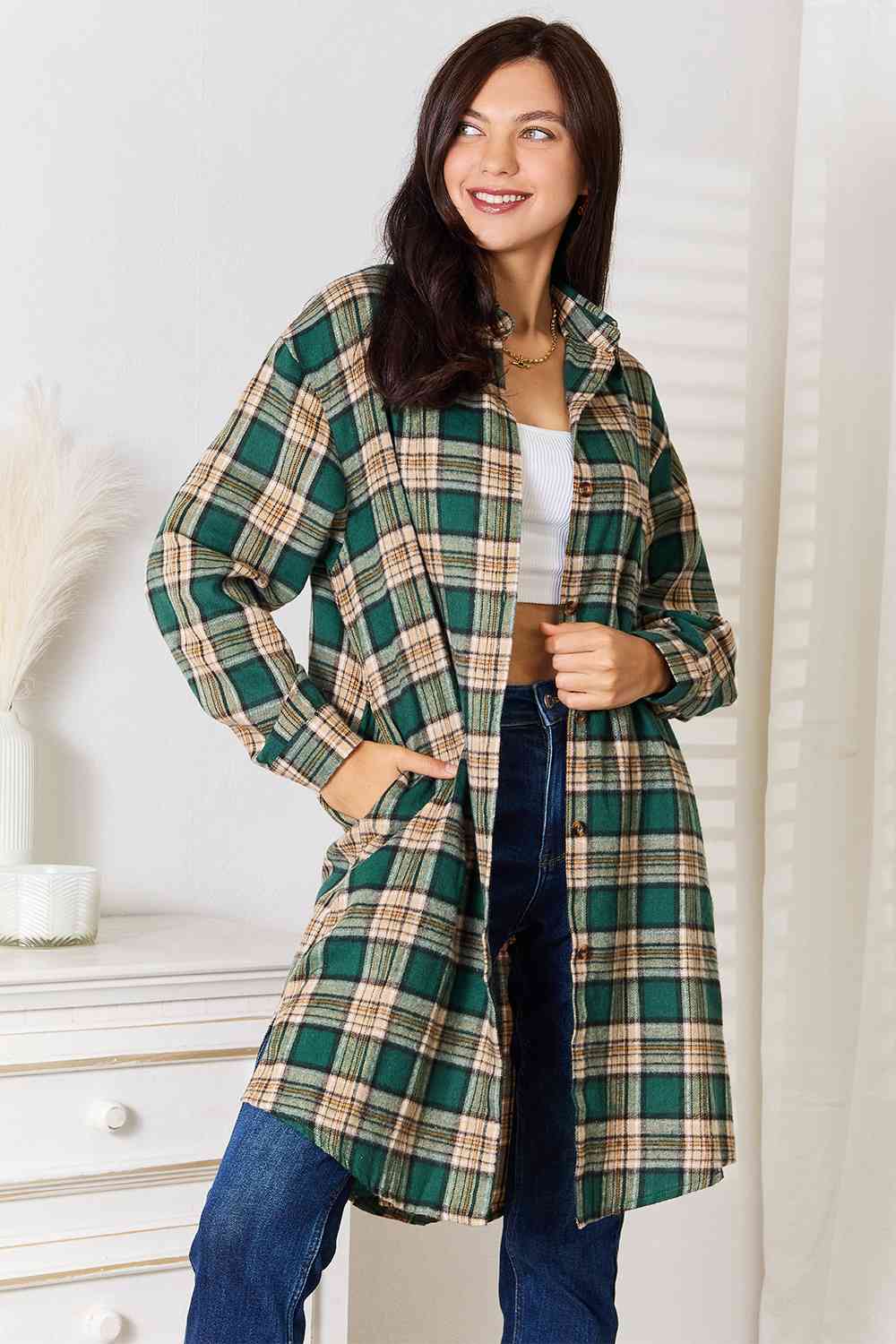 Double Take Plaid Collared Neck Long Sleeve Shirt - The Sapphire Star