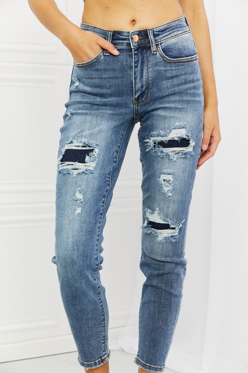 Judy Blue Dahlia Full Size Distressed Patch Jeans - The Sapphire Star