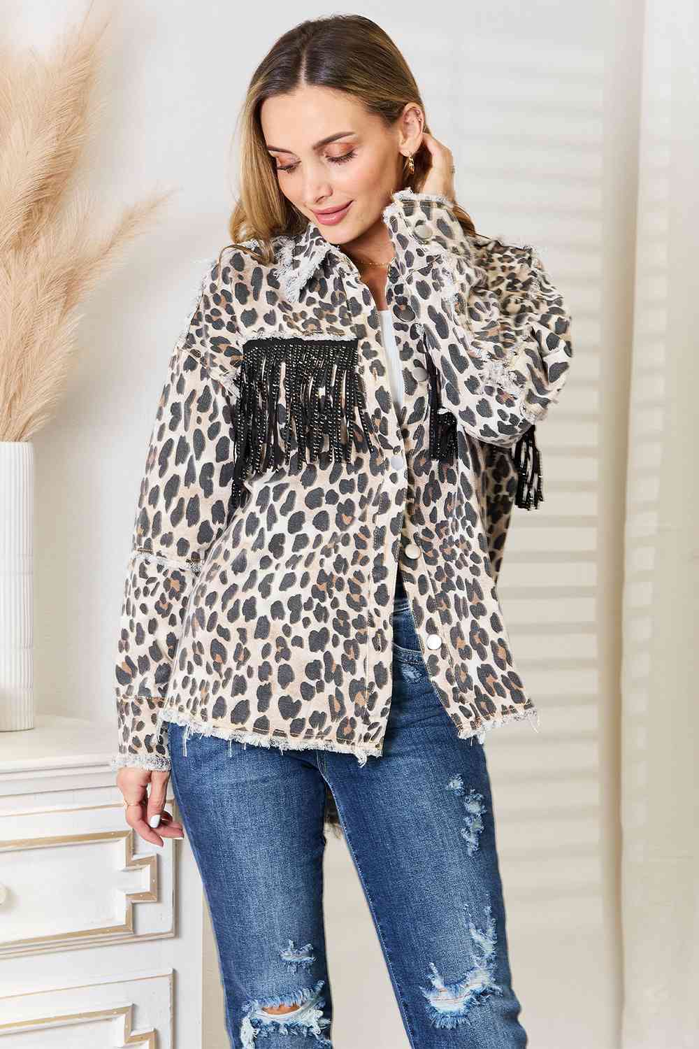 Double Take Leopard Fringe Detail Collared Neck Denim Jacket - The Sapphire Star