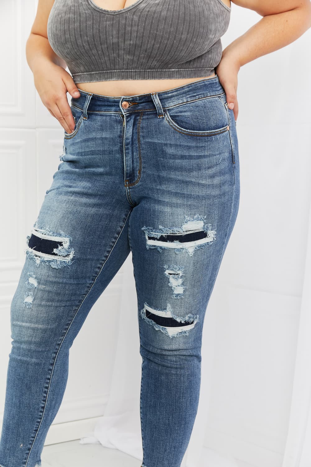 Judy Blue Dahlia Full Size Distressed Patch Jeans - The Sapphire Star