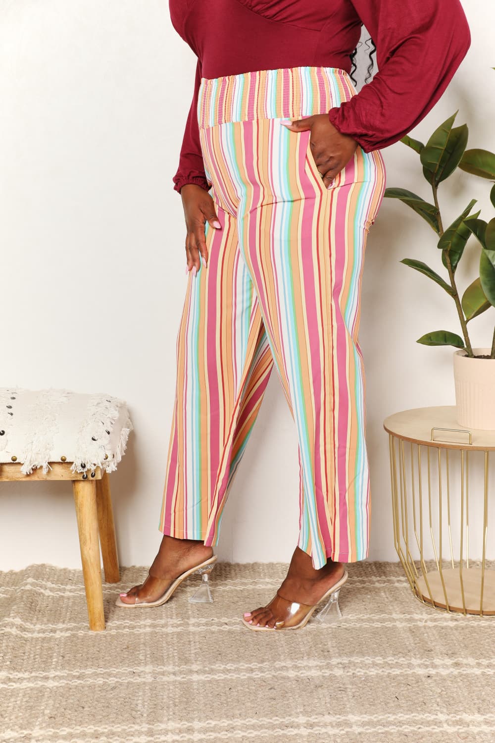 Double Take Striped Smocked Waist Pants with Pockets - The Sapphire Star