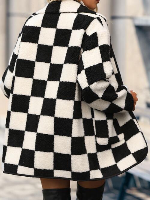 Double Take Full Size Checkered Button Front Coat with Pockets - The Sapphire Star