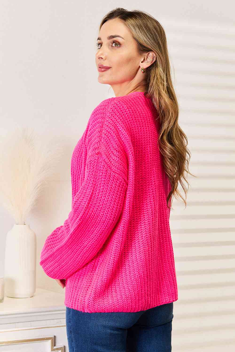 Woven Right Rib-Knit Open Front Drop Shoulder Cardigan - The Sapphire Star