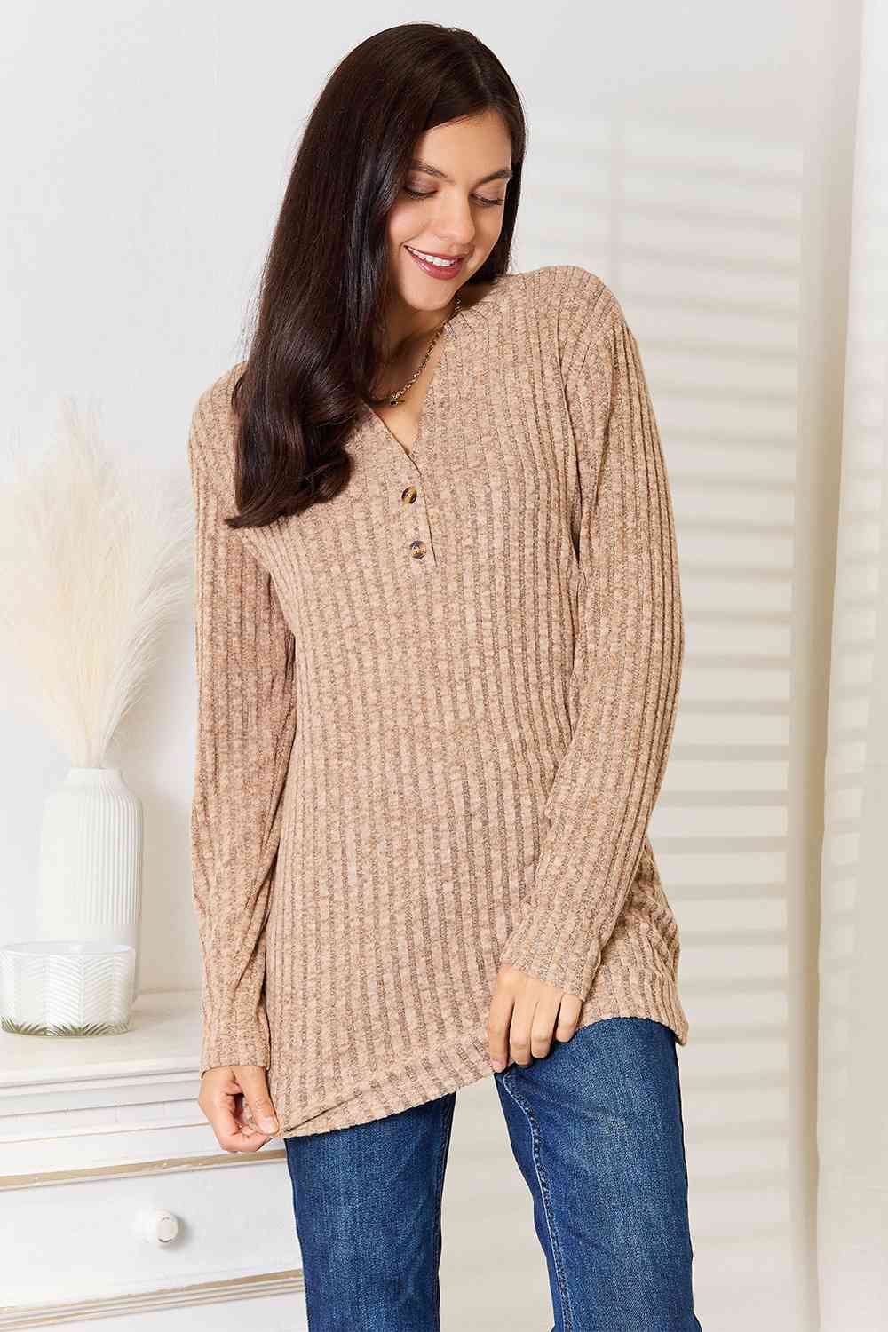 Double Take Notched Neck Ribbed Long Sleeve T-Shirt - The Sapphire Star