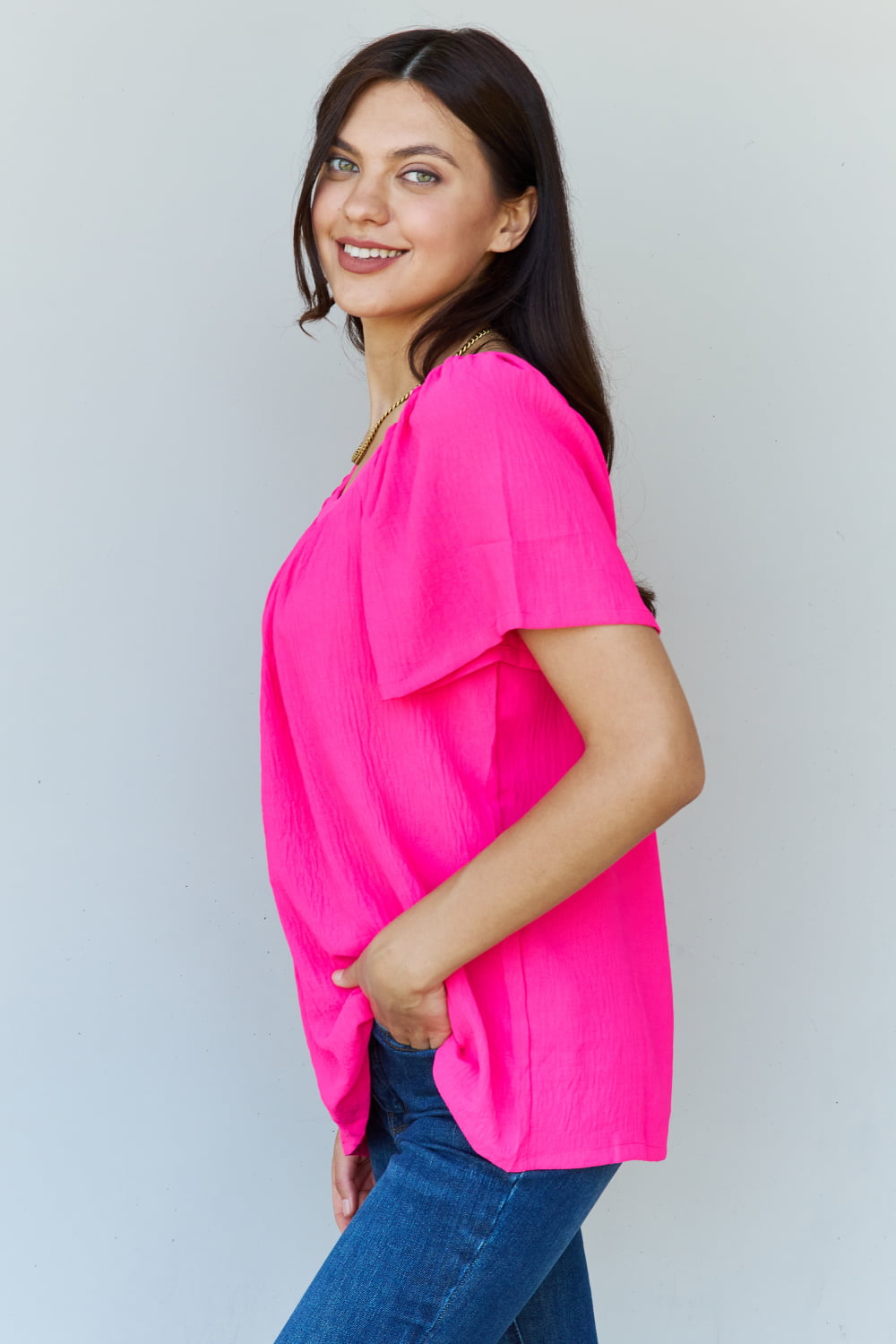 Ninexis Keep Me Close Square Neck Short Sleeve Blouse in Fuchsia - The Sapphire Star