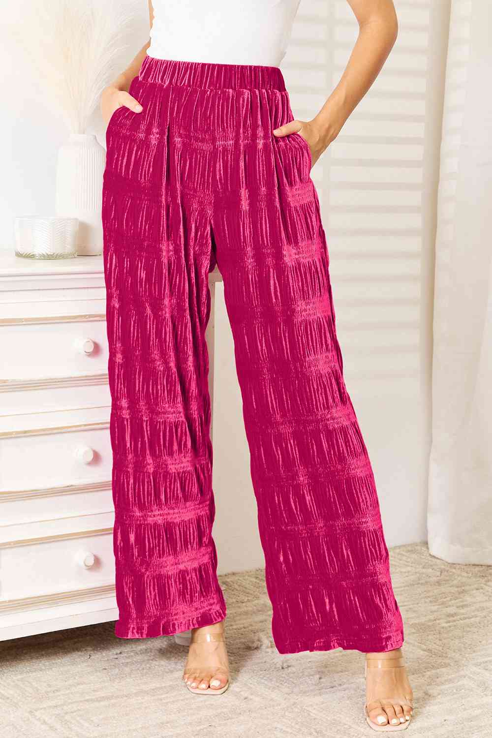 Double Take Full Size High Waist Tiered Shirring Velvet Wide Leg Pants - The Sapphire Star