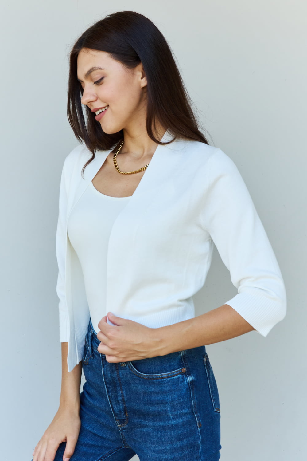 Doublju My Favorite Full Size 3/4 Sleeve Cropped Cardigan in Ivory - The Sapphire Star