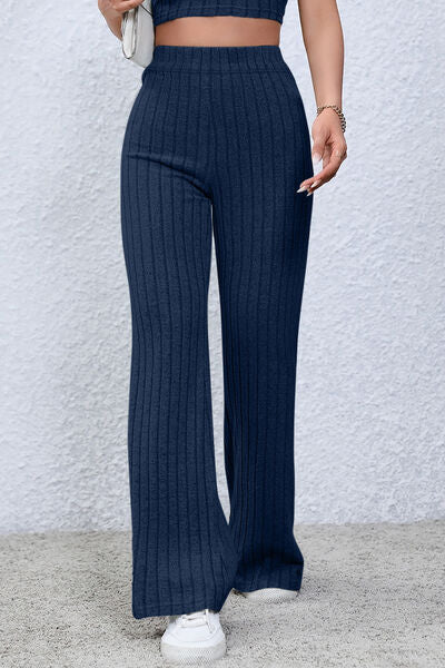 Basic Bae Full Size Ribbed High Waist Flare Pants - The Sapphire Star