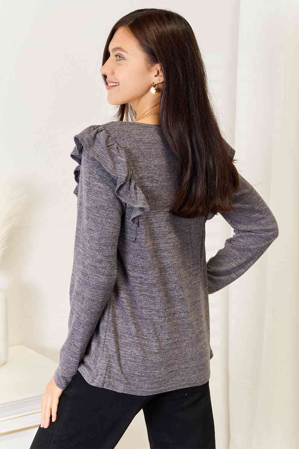 Double Take Square Neck Ruffle Shoulder Long Sleeve T-Shirt - The Sapphire Star