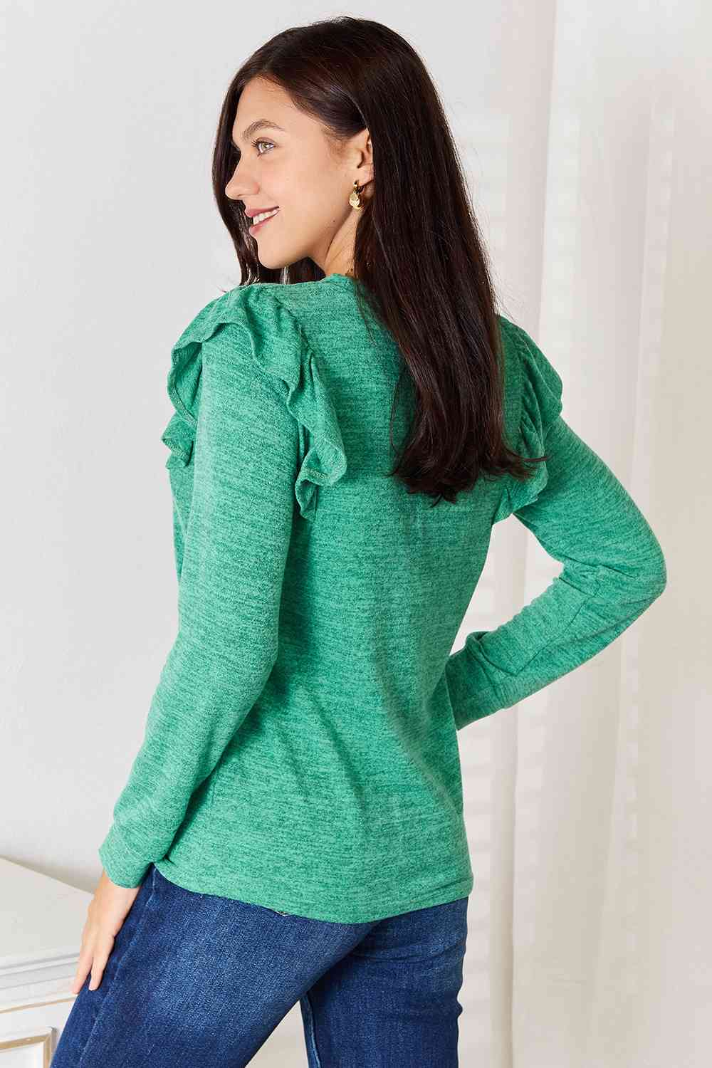 Double Take Ruffle Shoulder Long Sleeve T-Shirt - The Sapphire Star