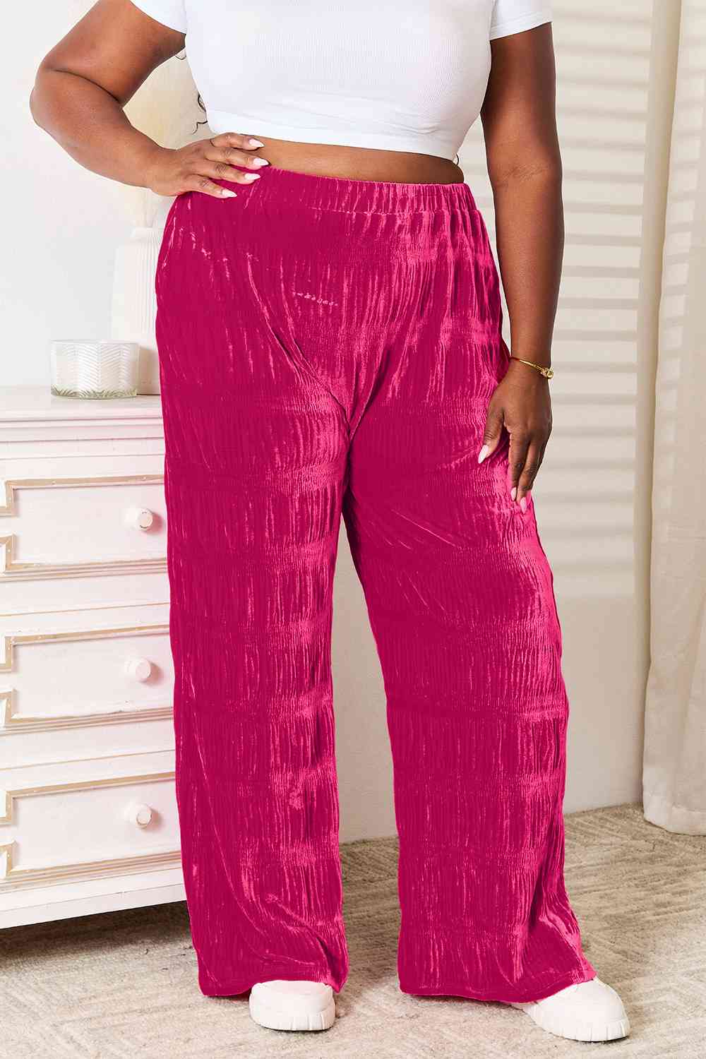 Double Take Full Size High Waist Tiered Shirring Velvet Wide Leg Pants - The Sapphire Star