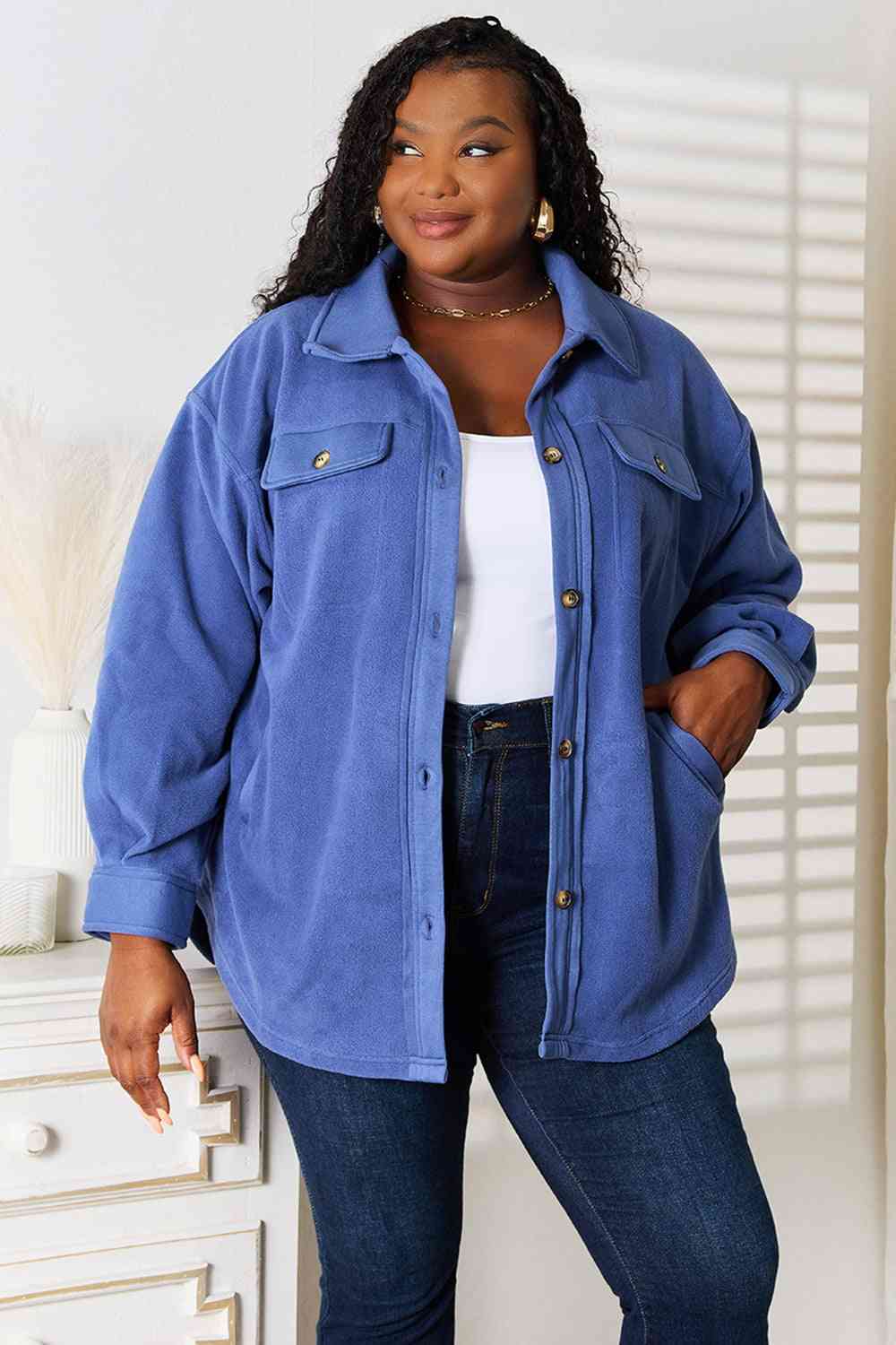 Heimish Cozy Girl Full Size Button Down Shacket - The Sapphire Star