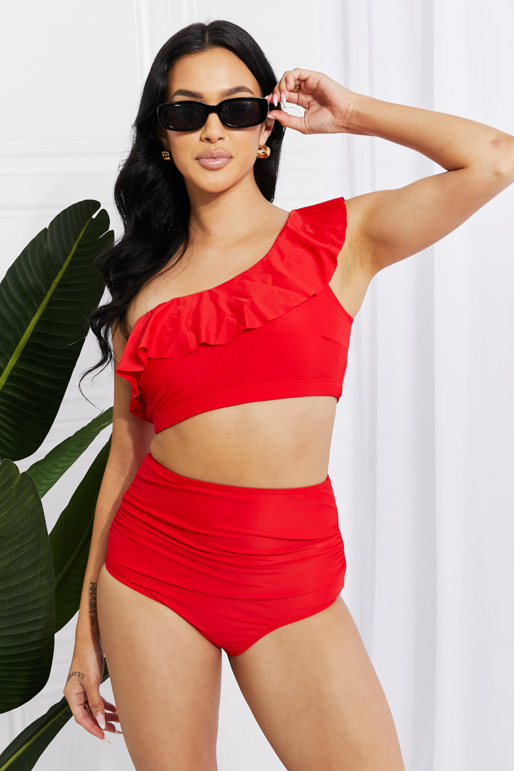 Marina West Swim Seaside Romance Ruffle One-Shoulder Bikini in Red - The Sapphire Star