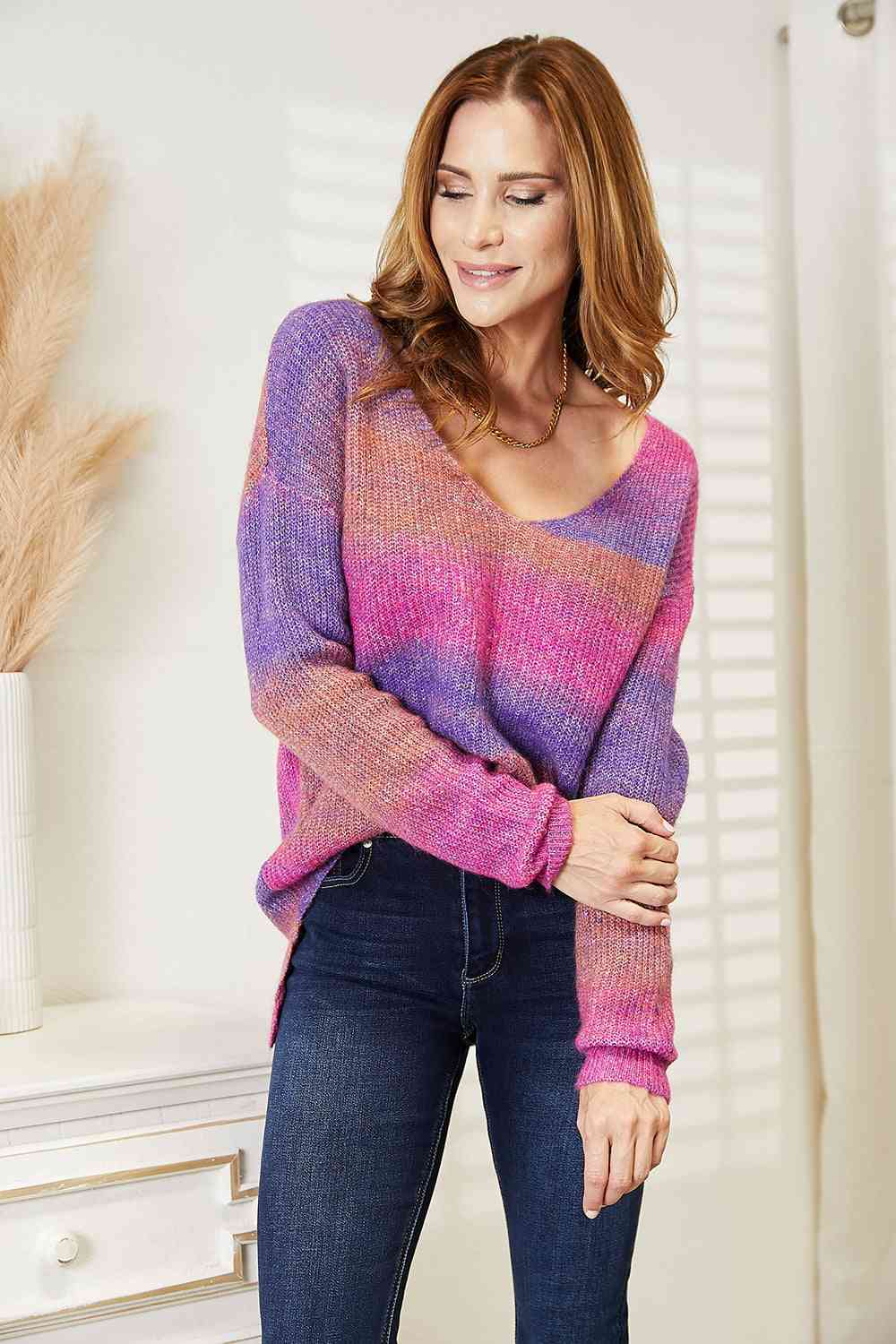 Double Take Multicolored Rib-Knit V-Neck Knit Pullover - The Sapphire Star