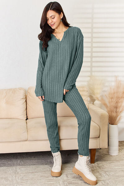 Basic Bae Full Size Notched Long Sleeve Top and Pants Set - The Sapphire Star