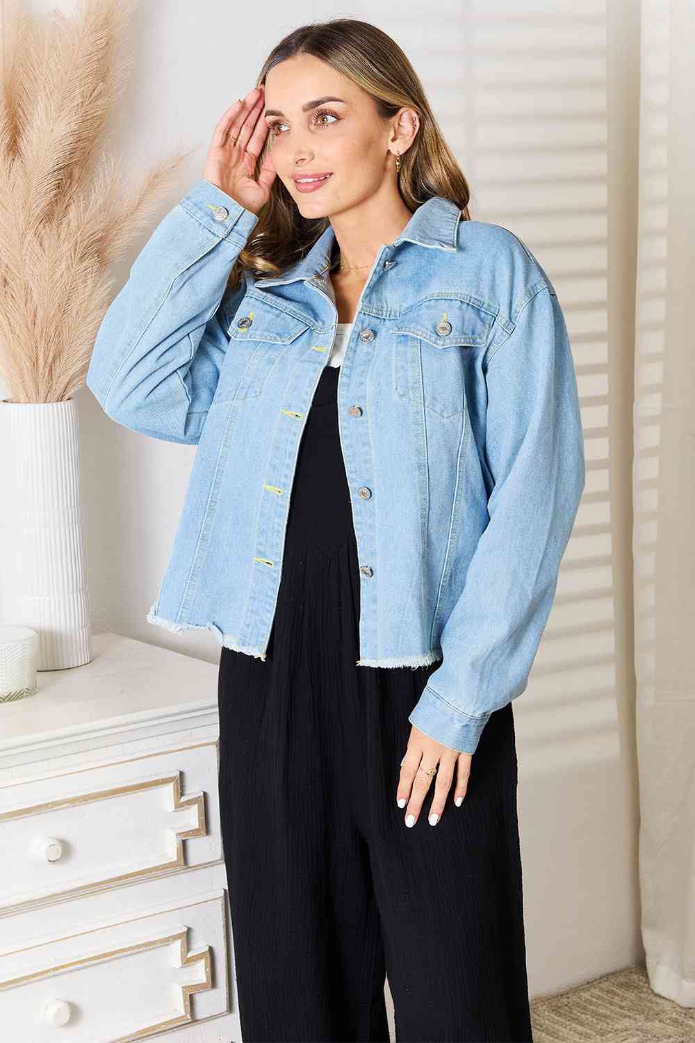 Double Take Dropped Shoulder Raw Hem Denim Jacket - The Sapphire Star