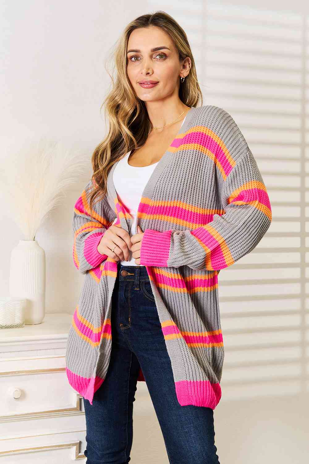 Woven Right Ribbed Long Sleeve Cardigan - The Sapphire Star