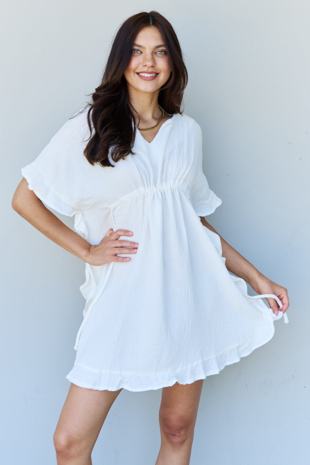 Ninexis Out Of Time Full Size Ruffle Hem Dress with Drawstring Waistband in White - The Sapphire Star