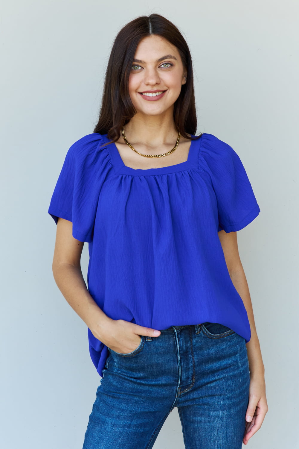 Ninexis Keep Me Close Square Neck Short Sleeve Blouse in Royal - The Sapphire Star