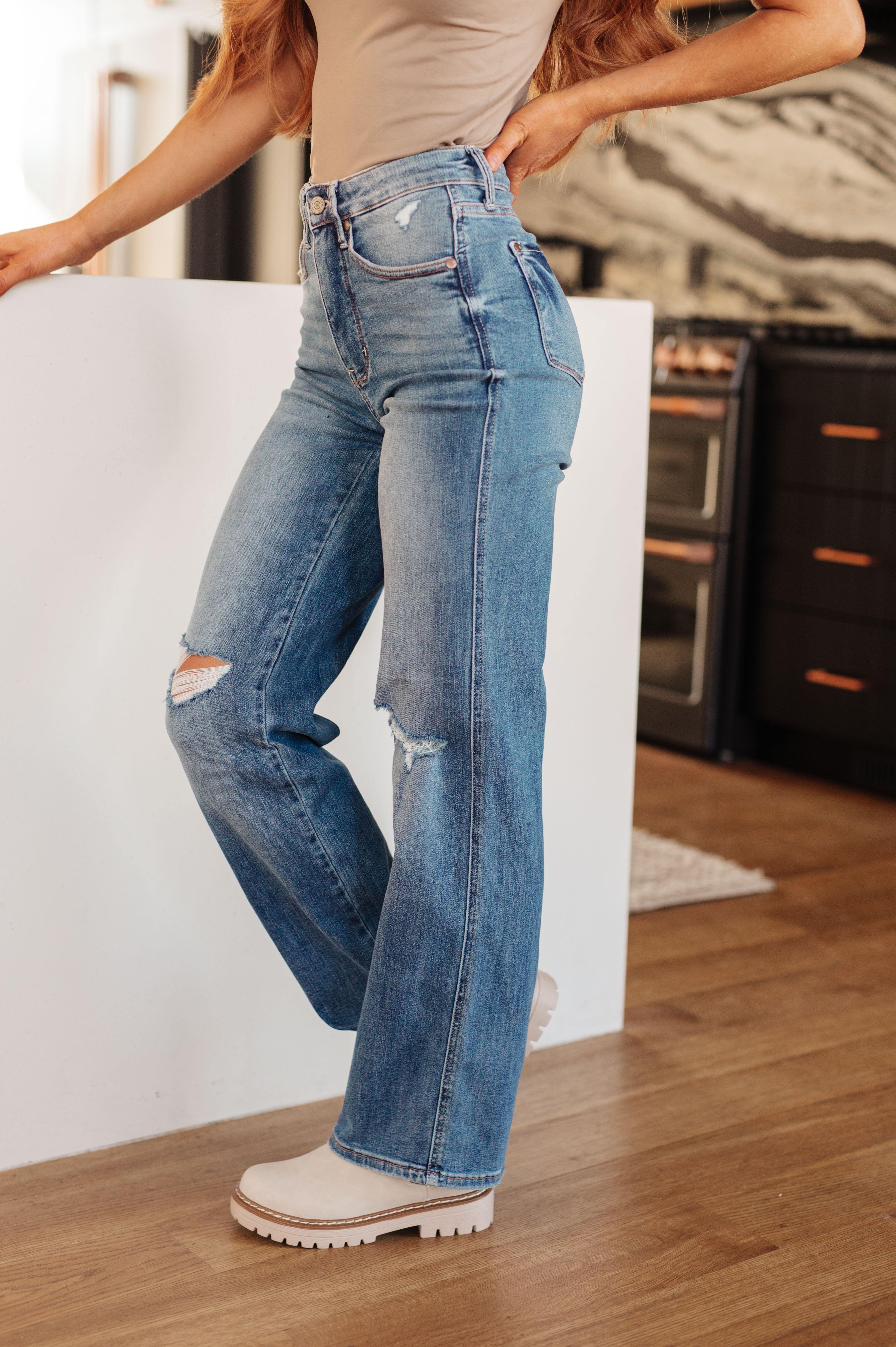 Bree High Rise Control Top Distressed Straight Jeans - The Sapphire Star