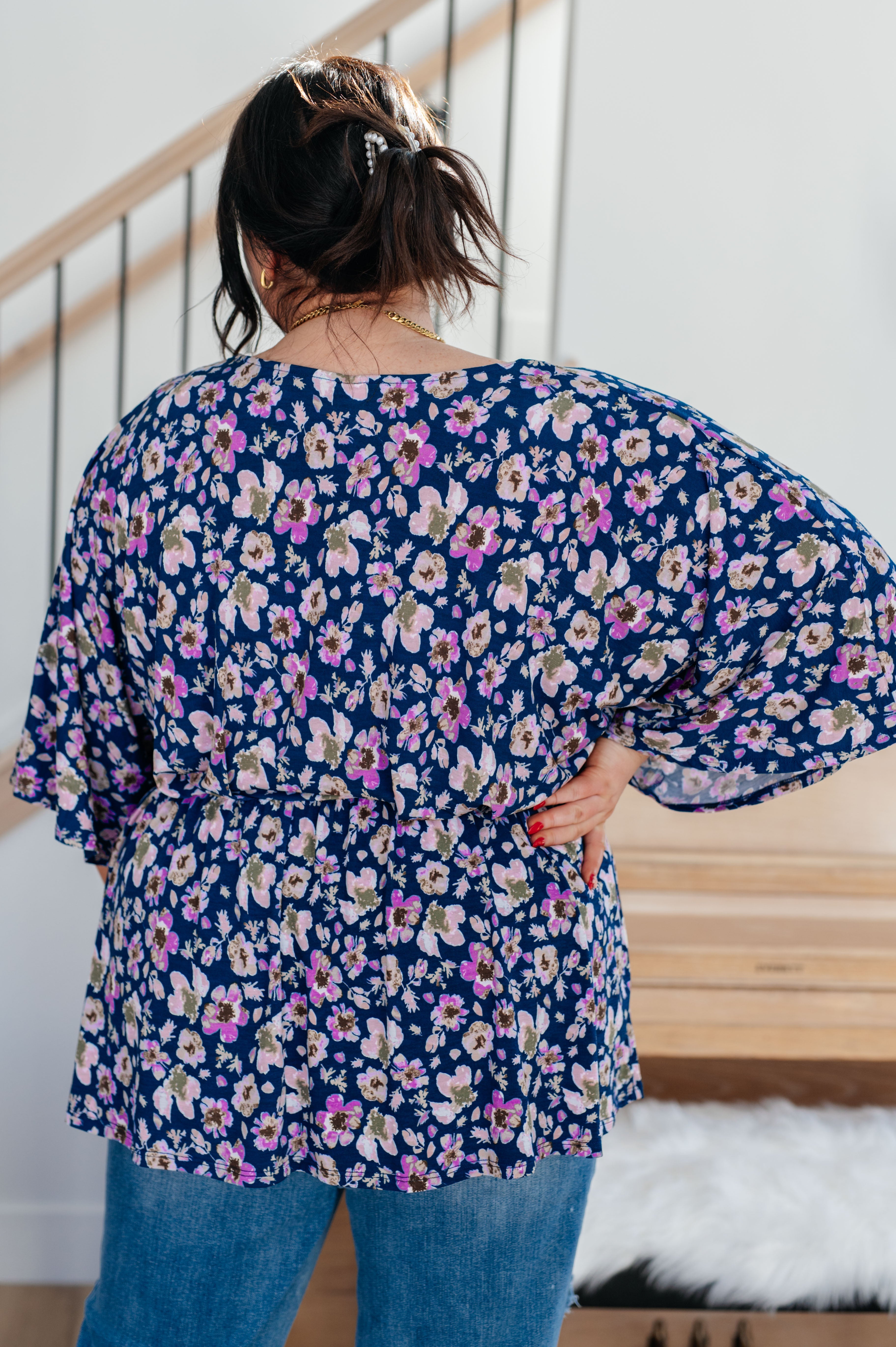 Dearest Dreamer Peplum Top in Navy Floral - The Sapphire Star