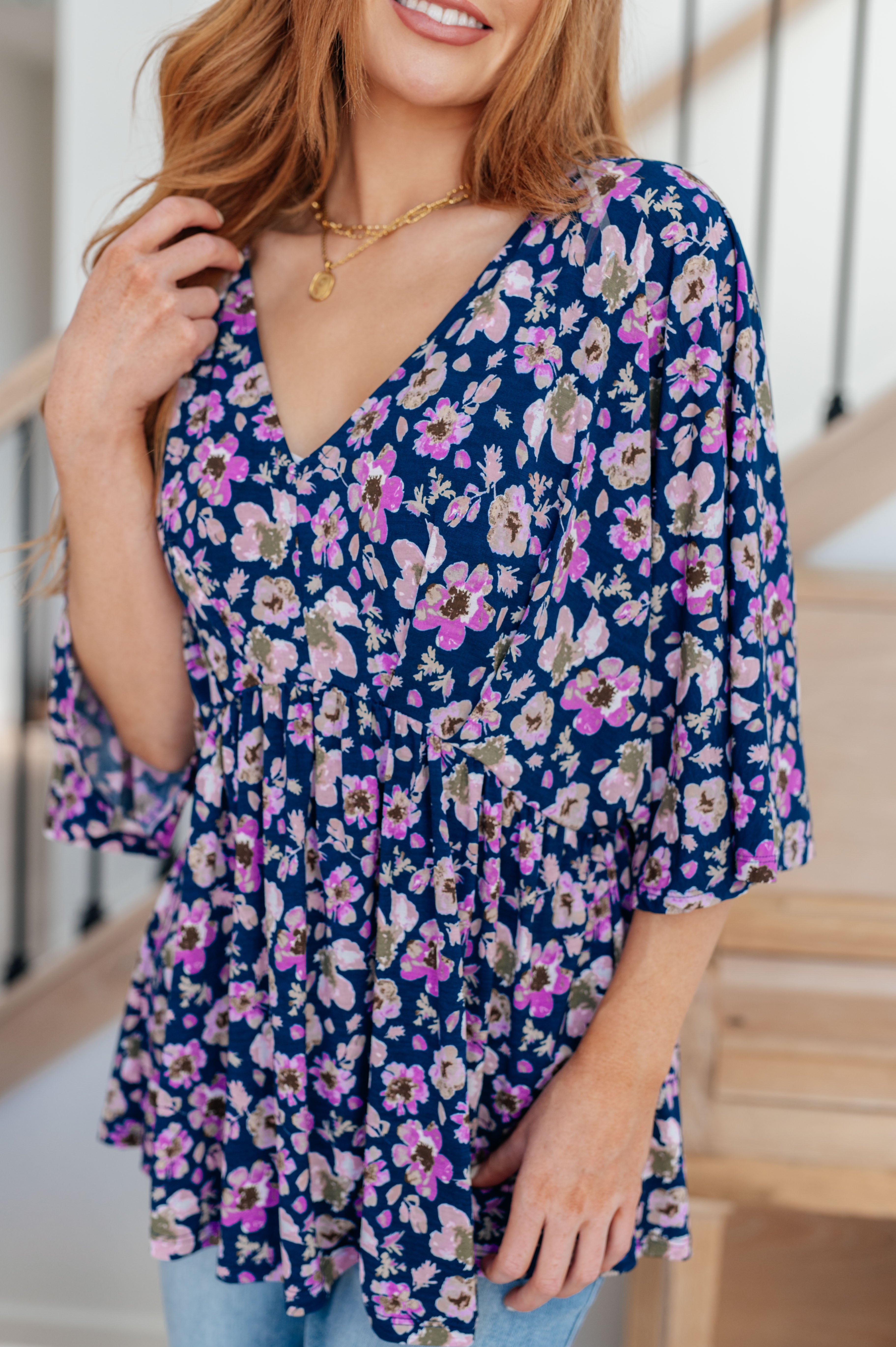 Dearest Dreamer Peplum Top in Navy Floral - The Sapphire Star