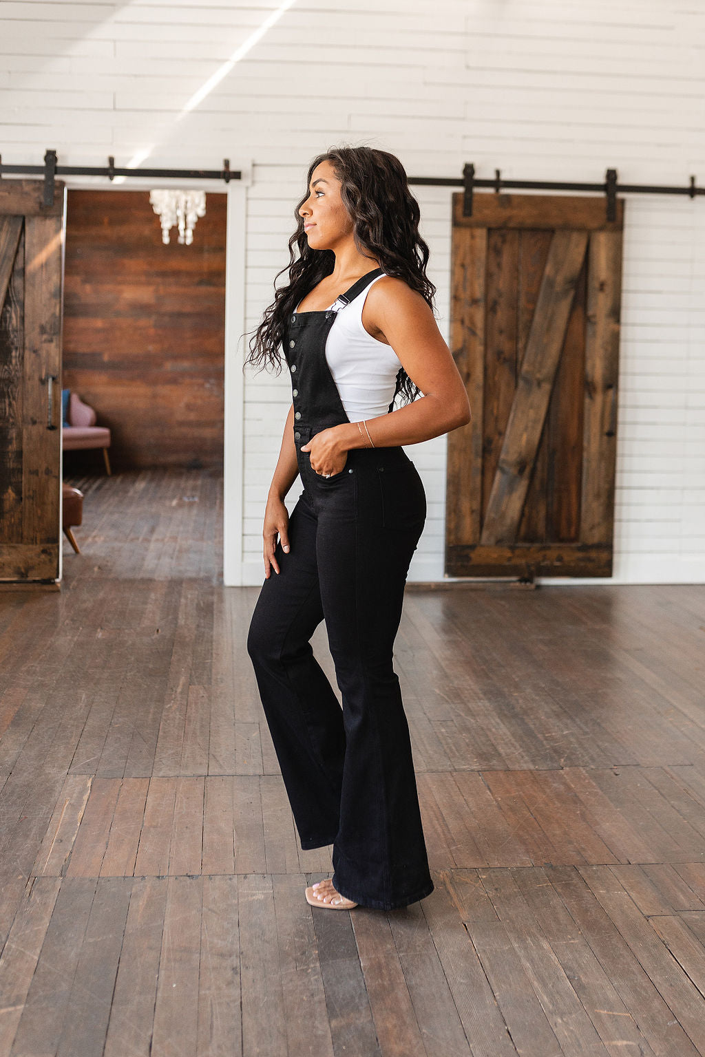 Imogene Control Top Retro Flare Overalls in Black - The Sapphire Star