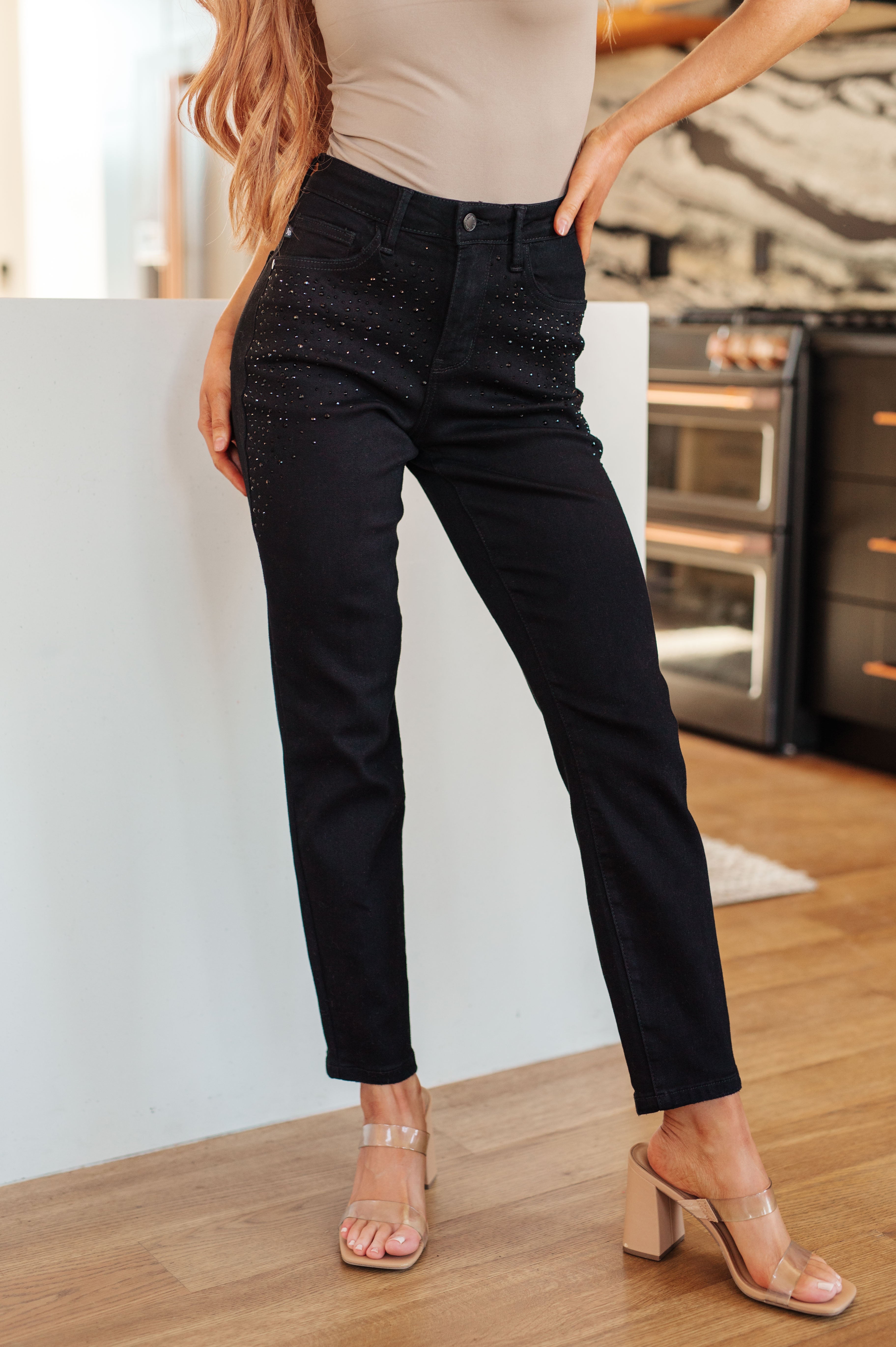 Reese Rhinestone Slim Fit Jeans in Black - The Sapphire Star