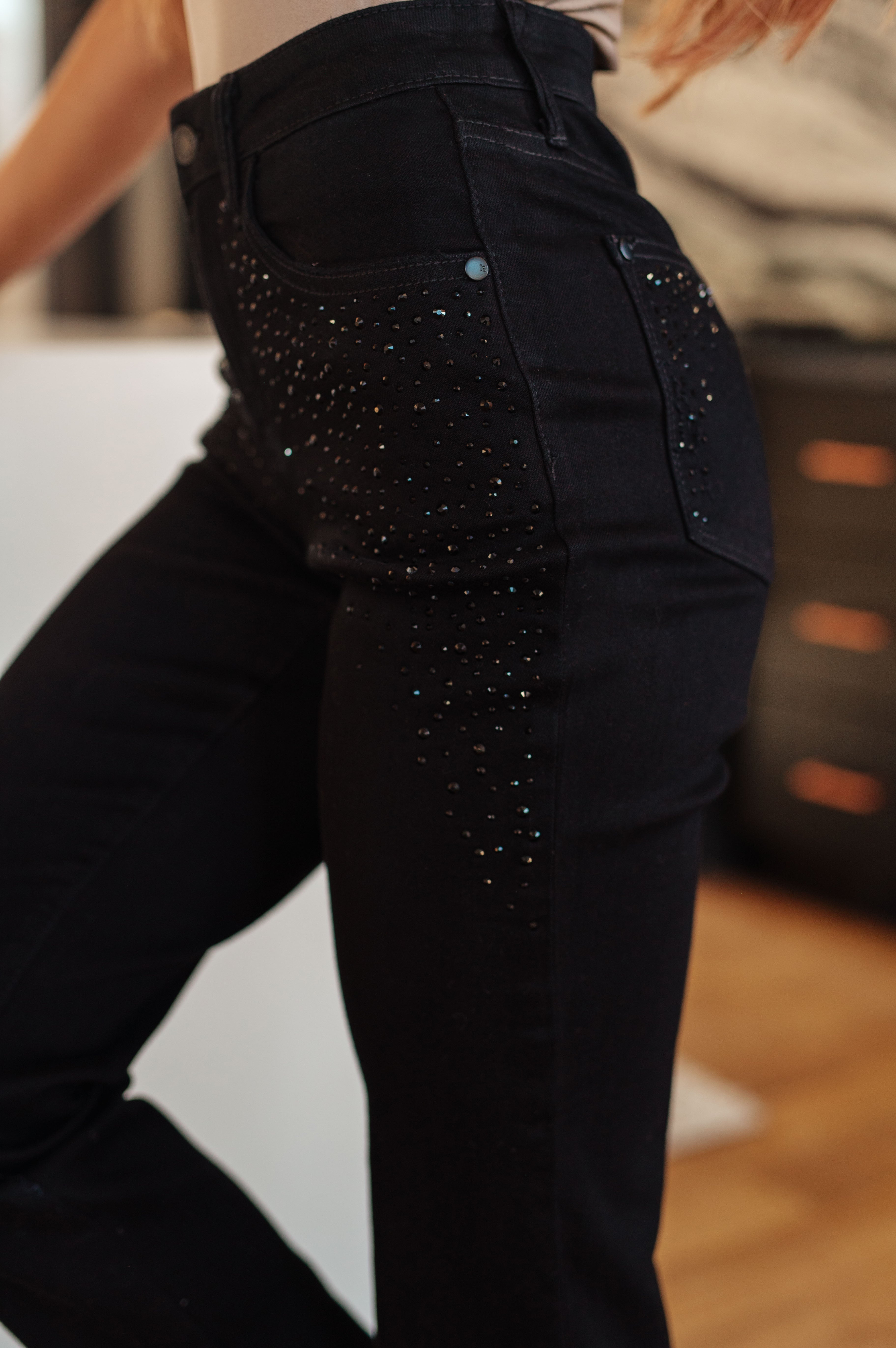 Reese Rhinestone Slim Fit Jeans in Black - The Sapphire Star