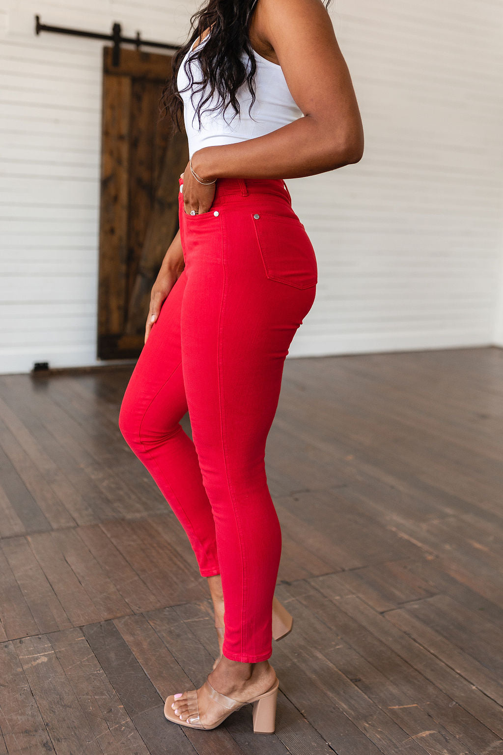 Ruby High Rise Control Top Garment Dyed Skinny Jeans in Red - The Sapphire Star