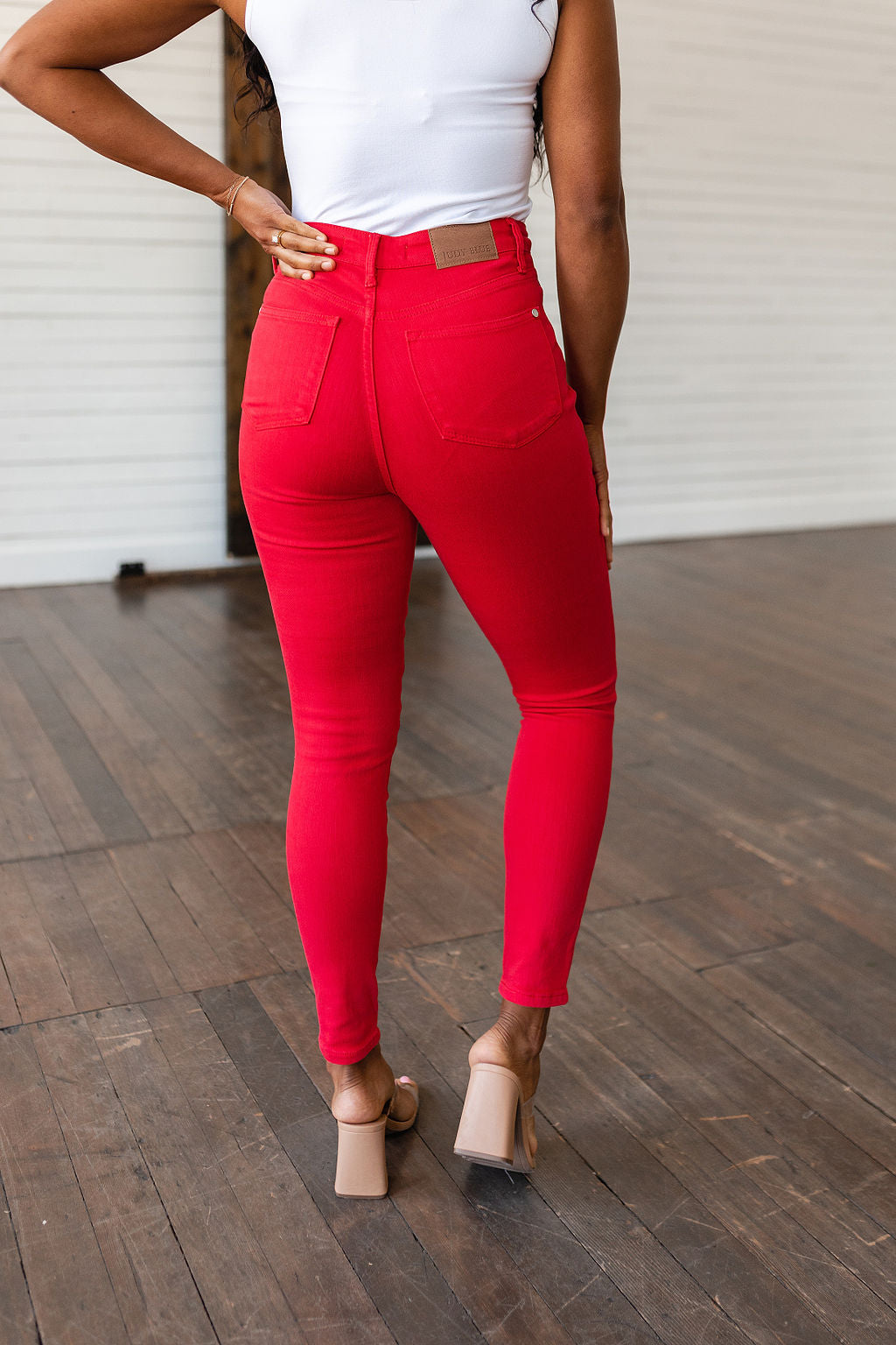 Ruby High Rise Control Top Garment Dyed Skinny Jeans in Red - The Sapphire Star