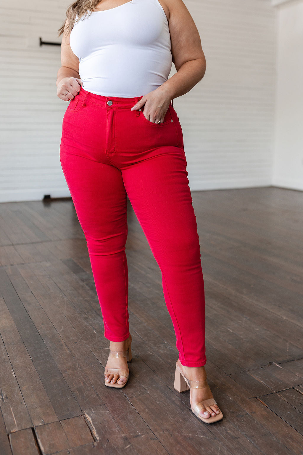 Ruby High Rise Control Top Garment Dyed Skinny Jeans in Red - The Sapphire Star