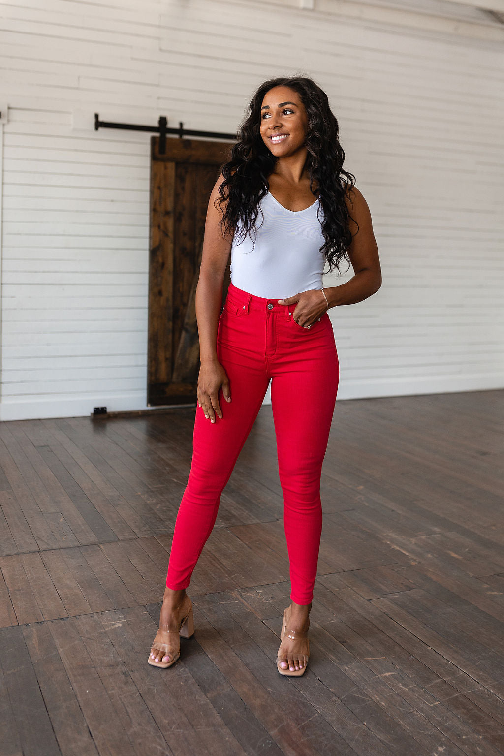 Ruby High Rise Control Top Garment Dyed Skinny Jeans in Red - The Sapphire Star