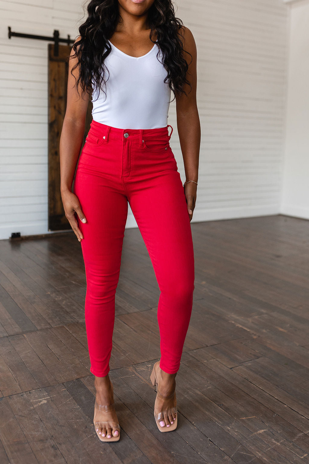 Ruby High Rise Control Top Garment Dyed Skinny Jeans in Red - The Sapphire Star