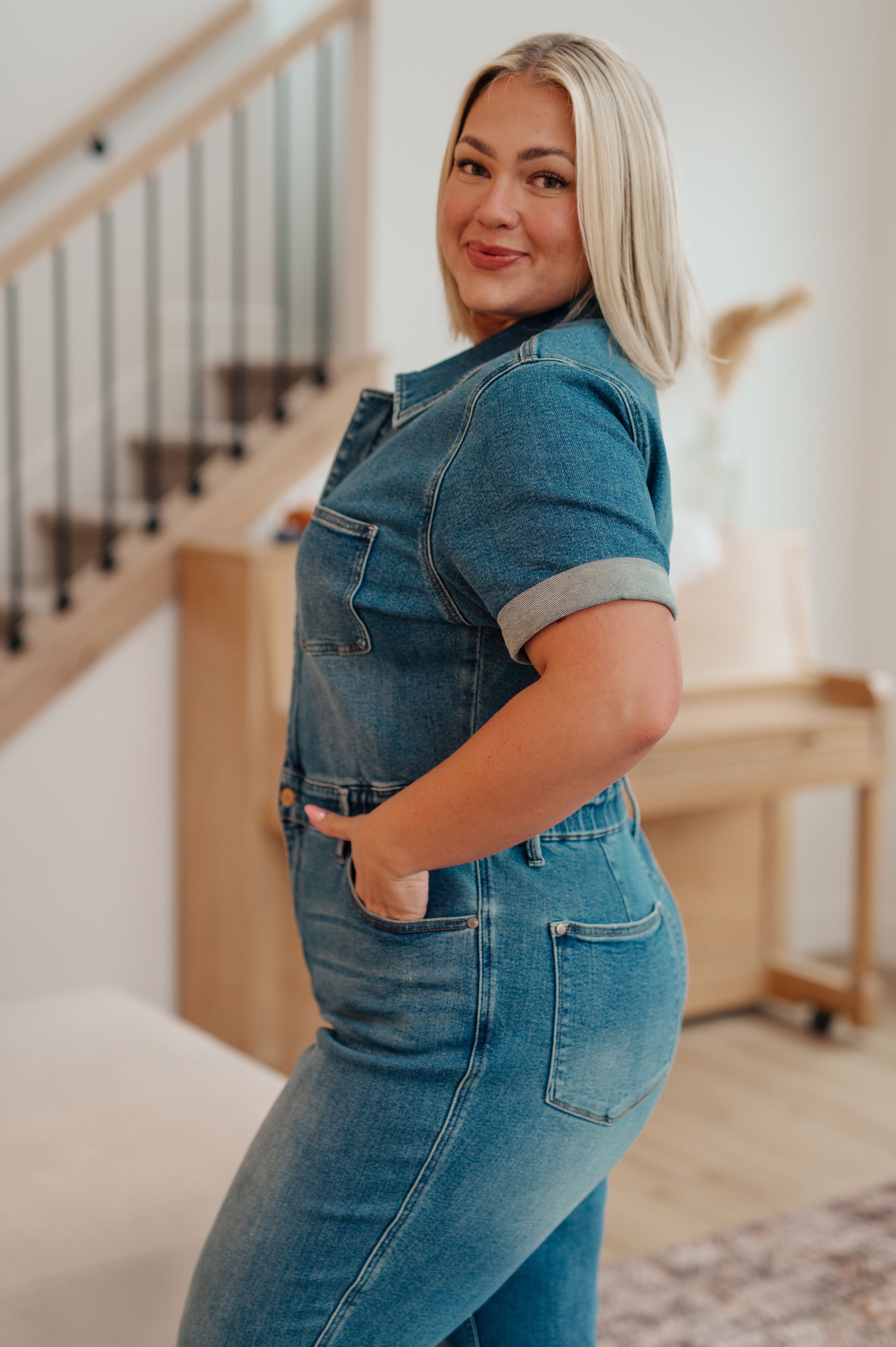 Sylvia Short Sleeve Denim Jumpsuit - The Sapphire Star