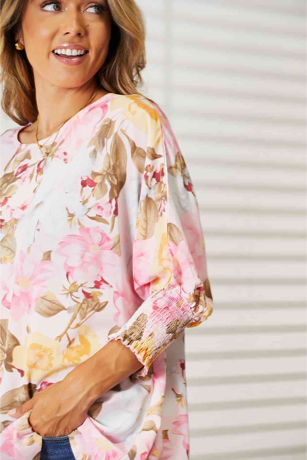 Double Take Floral Round Neck Three-Quarter Sleeve Top - The Sapphire Star