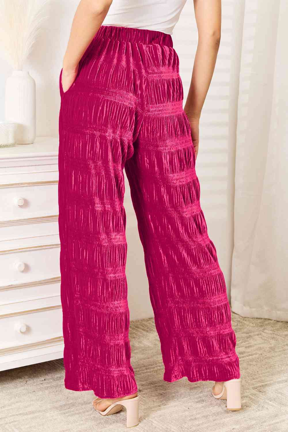 Double Take Full Size High Waist Tiered Shirring Velvet Wide Leg Pants - The Sapphire Star