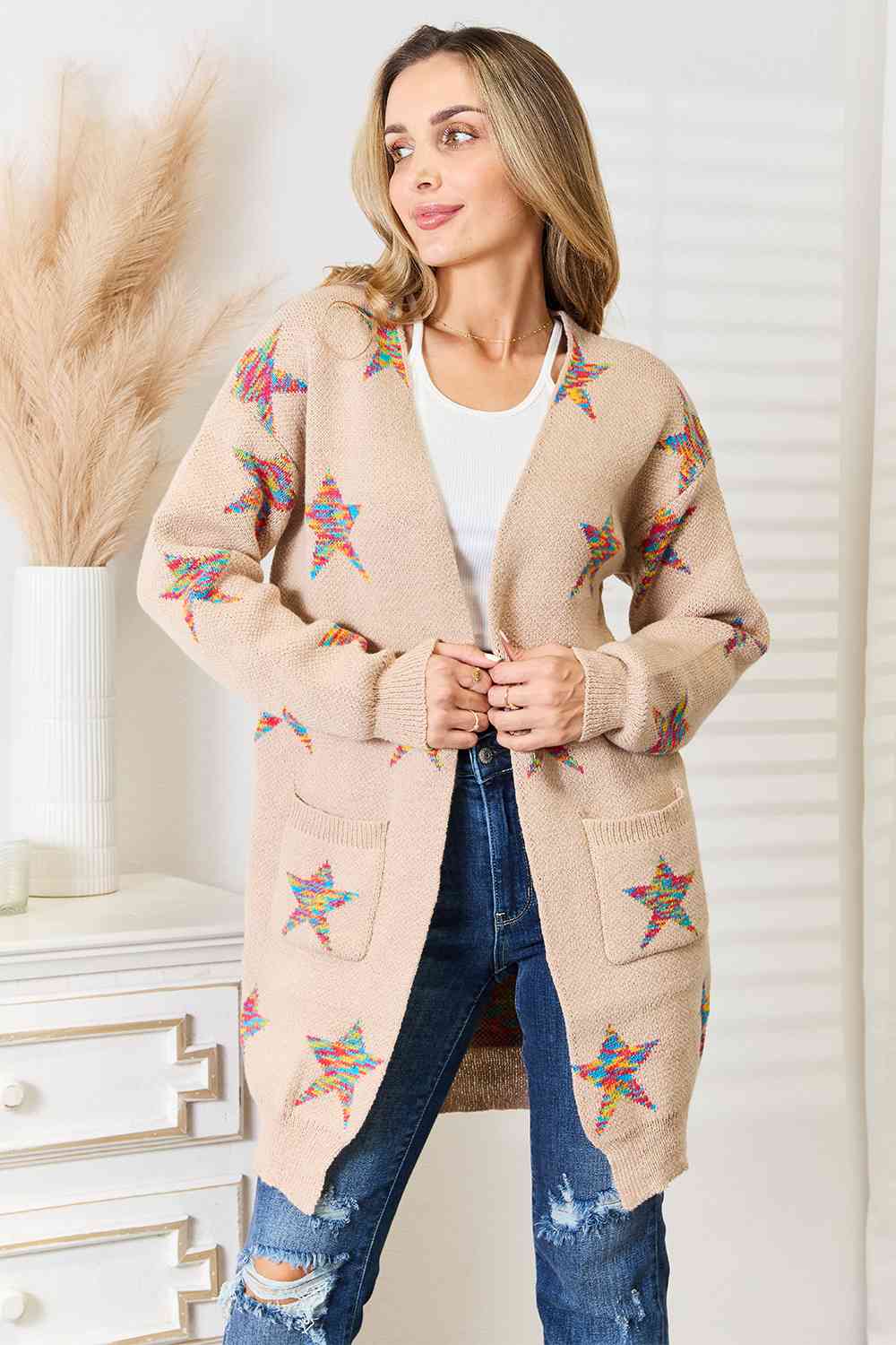 Double Take Star Pattern Open Front Longline Cardigan - The Sapphire Star